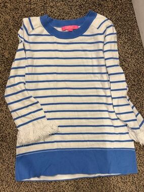 Lilly Pulitzer White & Blue Striped Fringe Cuff Sweater